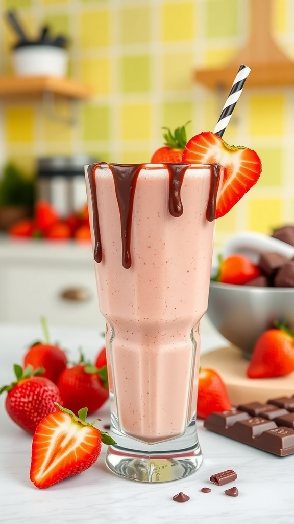 A tall glass of strawberry chocolate smoothie topped with strawberries and chocolate syrup, with fresh strawberries and chocolate in the background.